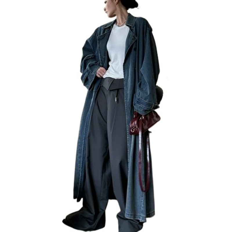 Vintage Trench Coat - French Retro Washed Denim Trench Coat