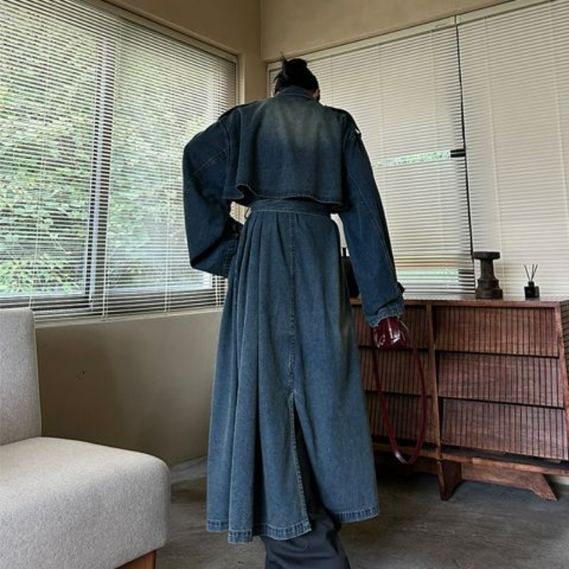 French Retro Washed Denim Tren - Vintage Trench Coat recension och pris