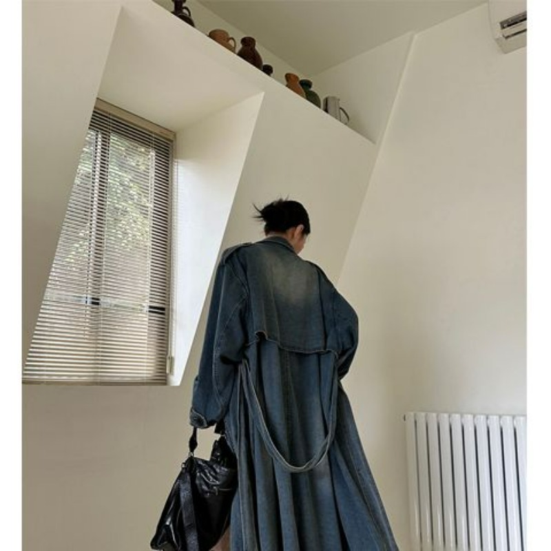 French Retro Washed Denim Tren - Vintage Trench Coat recension och pris